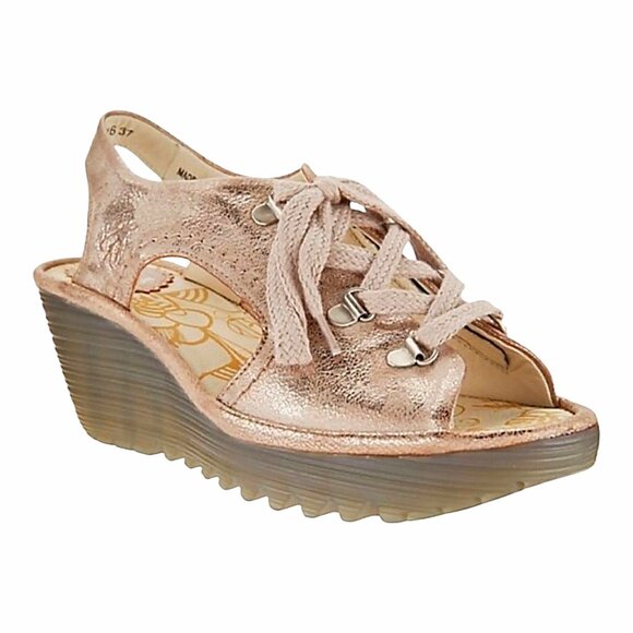 Fly London Yifa Leather Lace-up Wedge Sandals Metallic Taupe Good Cond - 39 - Picture 1 of 10